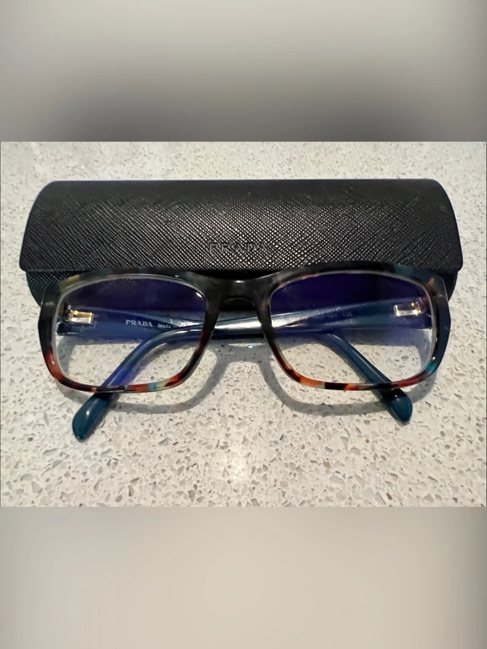 Prada Women’s Modified Cateye Tortoiseshell Front with Blue Temples Eyeglasses